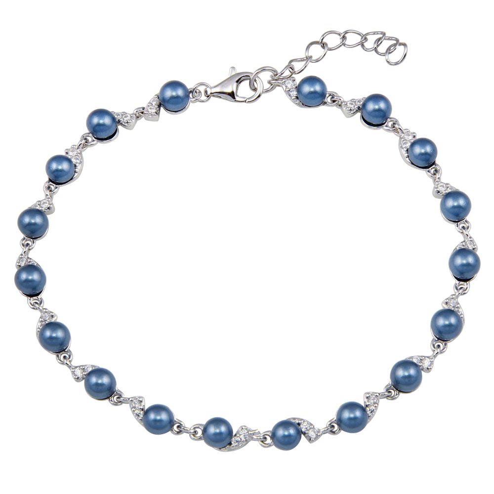 Sterling Silver Rhodium Plated Black Pearl CZ Link Bracelet