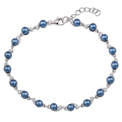 Sterling Silver Rhodium Plated Black Pearl CZ Link Bracelet