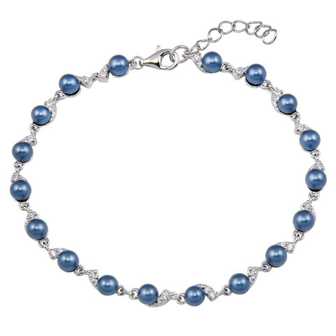 Sterling Silver Rhodium Plated Black Pearl CZ Link Bracelet