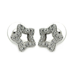 Sterling Silver Rhodium Plated Open Heart Shaped  Stud Earring With CZ Stones