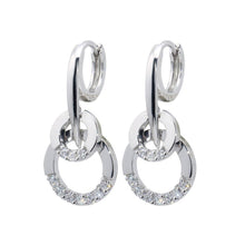 Load image into Gallery viewer, Sterling Silver Classy Small Hoop Earring with Dangling Double Open Circle Link Design Embedded with Clear Czs