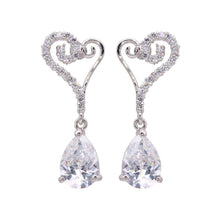 Load image into Gallery viewer, Sterling Silver Fancy Paved Open Heart Design with Prong Set Pearshaped Cut Clear Cz Dangle Stud Earring