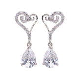 Sterling Silver Fancy Paved Open Heart Design with Prong Set Pearshaped Cut Clear Cz Dangle Stud Earring