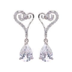 Sterling Silver Fancy Paved Open Heart Design with Prong Set Pearshaped Cut Clear Cz Dangle Stud Earring