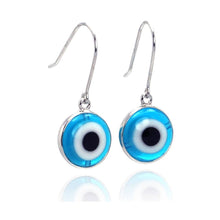 Load image into Gallery viewer, Sterling Silver Round Blue Evil Eye Design Dangle Hook Earring
