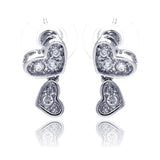 Sterling Silver Trendy Double Paved Heart Design Dangle Stud Earring