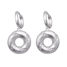 Load image into Gallery viewer, Sterling Silver Trendy Matte Finish Open Circle with Swirl Pattern Clear Czs Design Dangle Hoop Earring