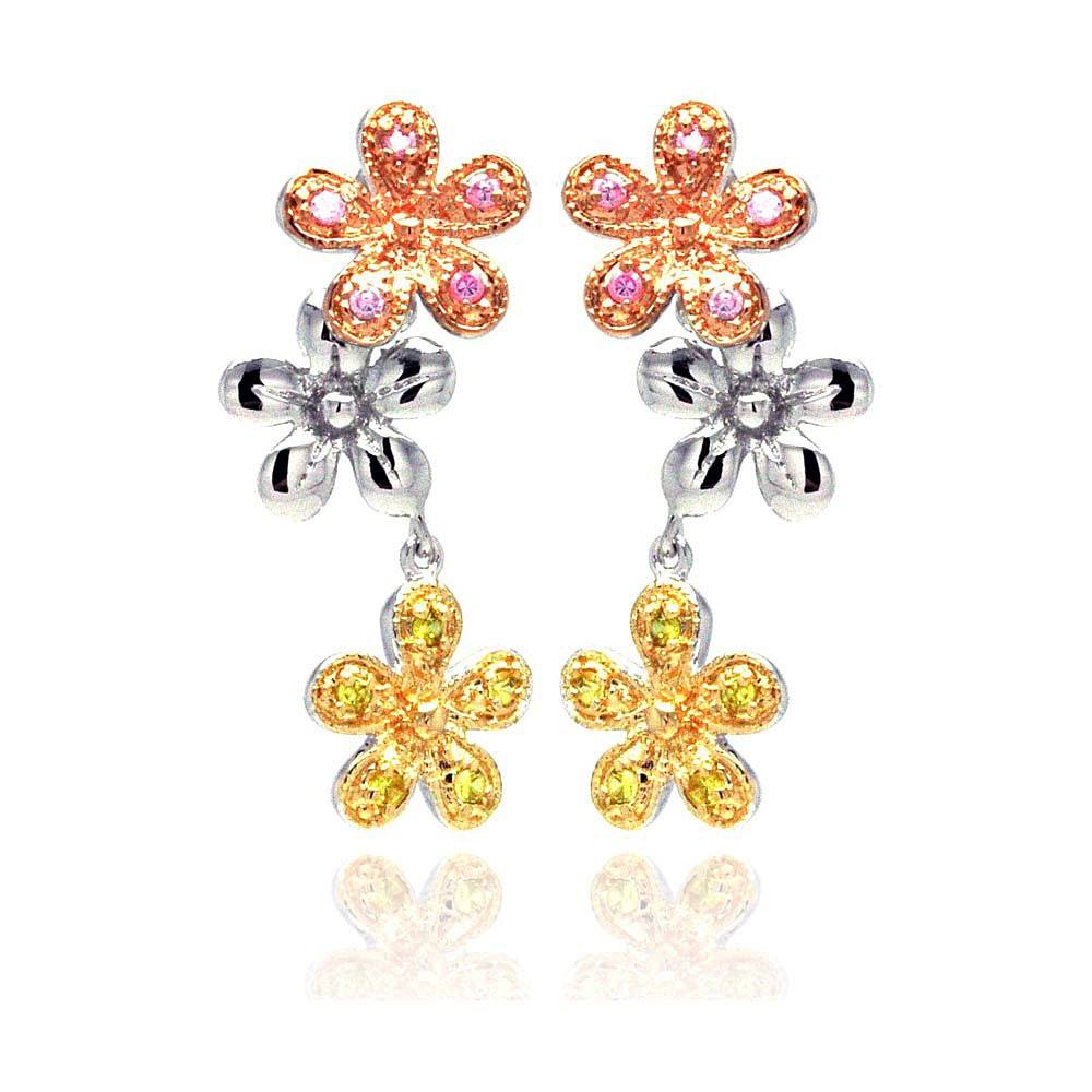 Sterling Silver Three-Toned Flower Link Design Embedded with Multi-Colored Czs
