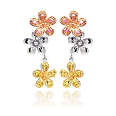 Sterling Silver Three-Toned Flower Link Design Embedded with Multi-Colored Czs
