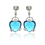Sterling Silver Trendy Hearts Design Embedded with Clear Czs  and Large Blue Heart Cz Drop Dangle Stud EarringAnd Earring Height of 19MM