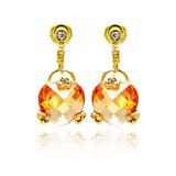 Sterling Silver Gold Plated Trendy Hearts Design Embedded with Clear Czs  and Large Champagne Heart Cz Drop Dangle Stud EarringAnd Earring Height of 19MM