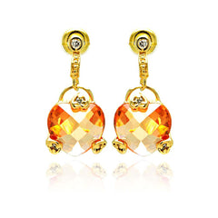 Sterling Silver Gold Plated Trendy Hearts Design Embedded with Clear Czs  and Large Champagne Heart Cz Drop Dangle Stud EarringAnd Earring Height of 19MM