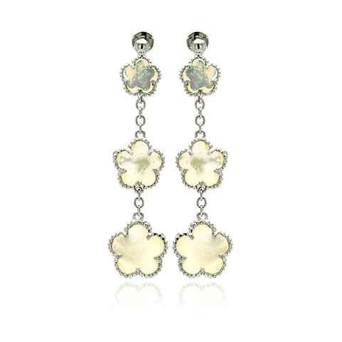 Sterling Silver Fancy Graduated Mother of Pearl Flower Link Design Dangle Stud Earring with Earring Height of 50.8MM