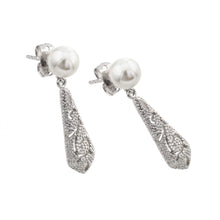 Load image into Gallery viewer, Sterling Silver Rhodium Plated Teardrop Dangling CZ Paved Earrings with Round PearlAnd Friction Back Post