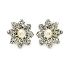Sterling Silver Rhodium Plated Flower Inlay Center Pearl Shaped  Stud Earring With CZ Stones