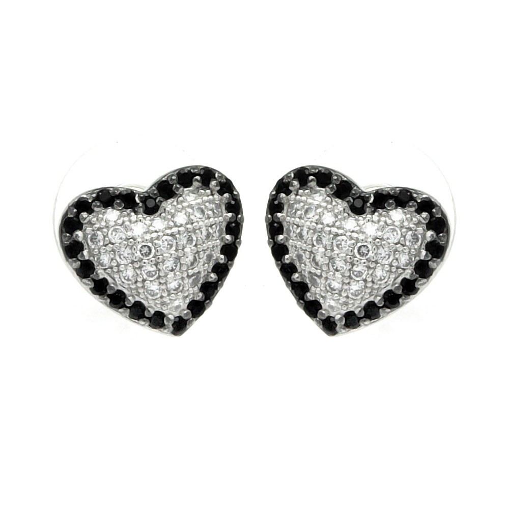 Sterling Silver Rhodium Plated Black And Clear Heart CZ Inlay Outlie Stud Earrings