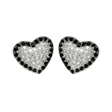 Load image into Gallery viewer, Sterling Silver Rhodium Plated Black And Clear Heart CZ Inlay Outlie Stud Earrings