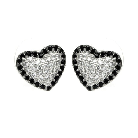 Sterling Silver Rhodium Plated Black And Clear Heart CZ Inlay Outlie Stud Earrings
