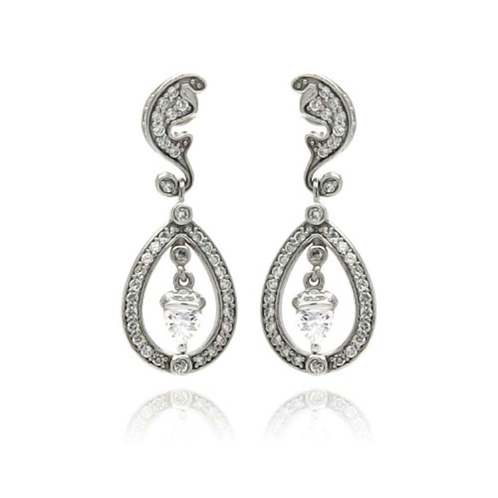 Sterling Silver Vintage Style Ornamental Design Embedded with Clear Czs Dangle Stud Earring. Dimesnions of 1.25 Inches x 12.4MM
