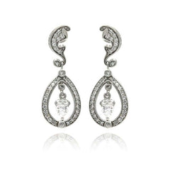 Sterling Silver Vintage Style Ornamental Design Embedded with Clear Czs Dangle Stud Earring. Dimesnions of 1.25 Inches x 12.4MM