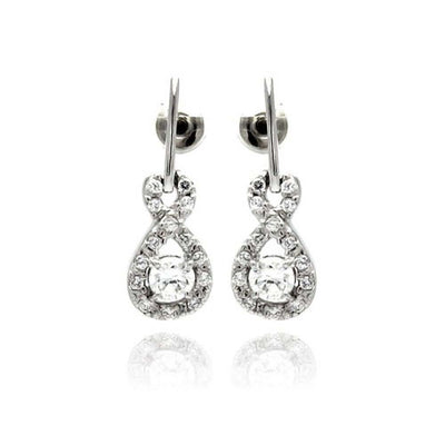 Sterling Silver Modern Style Paved Ribbon Design Inlaid With Clear Czs Dangle Stud EarringAnd Dimensions of 7.7MM x 13.7MM