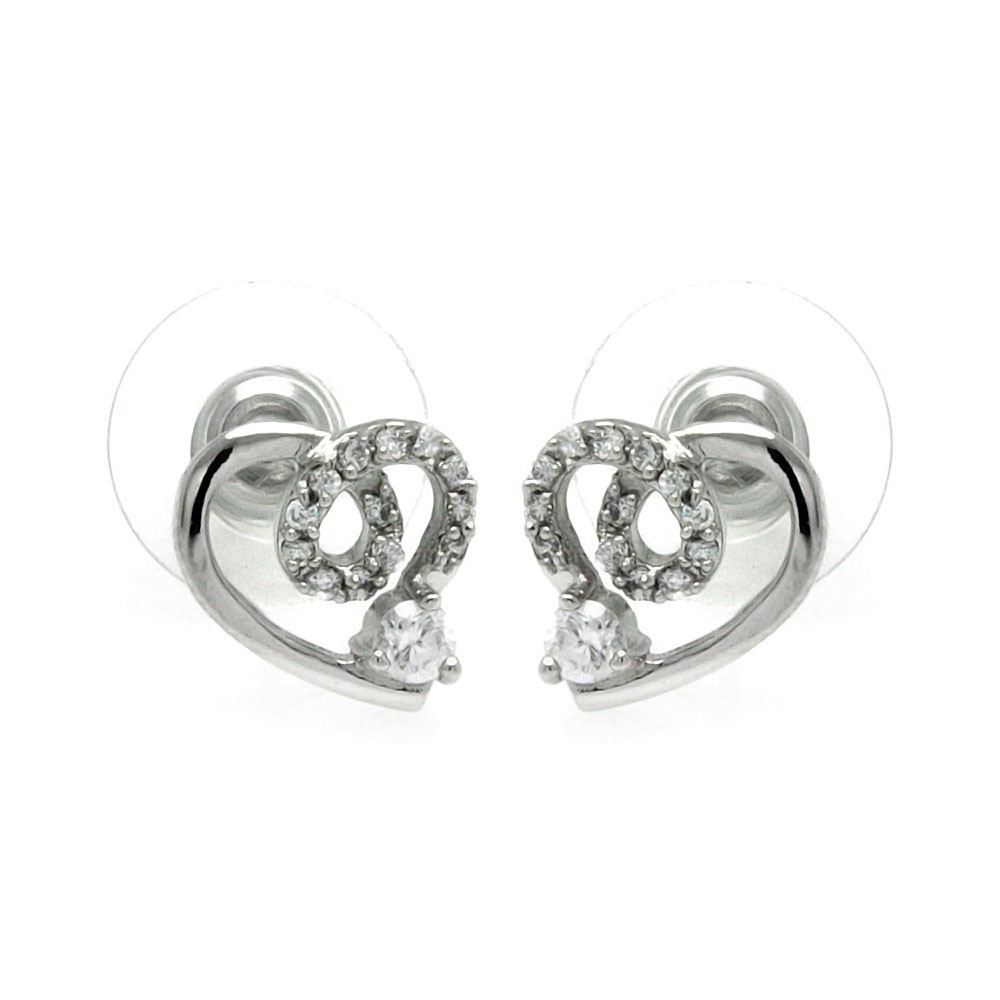 Sterling Silver Rhodium Plated Open Heart With CZ Outline Stud Earrings