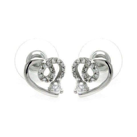 Sterling Silver Rhodium Plated Open Heart With CZ Outline Stud Earrings