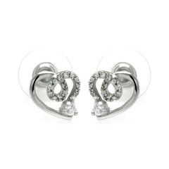 Sterling Silver Rhodium Plated Open Heart With CZ Outline Stud Earrings