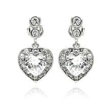Load image into Gallery viewer, Sterling Silver Trendy Heart Design Inlaid With Clear Czs Dangle Stud EarringAnd Dimensions of 10.1MM x 11.8MM