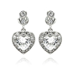 Sterling Silver Trendy Heart Design Inlaid With Clear Czs Dangle Stud EarringAnd Dimensions of 10.1MM x 11.8MM