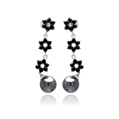 Sterling Silver Trendy Multi flower Link Design Inlaid With Black Czs with Black Pearl drop Dangle Stud EarringAnd Pearl Diamter of 7.9MM and Earring Dimensions of 1.5MM x 6MM