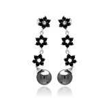 Sterling Silver Trendy Multi flower Link Design Inlaid With Black Czs with Black Pearl drop Dangle Stud EarringAnd Pearl Diamter of 7.9MM and Earring Dimensions of 1.5MM x 6MM