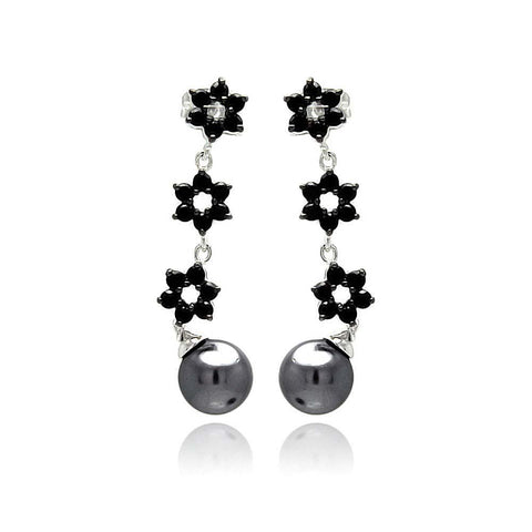 Sterling Silver Trendy Multi flower Link Design Inlaid With Black Czs with Black Pearl drop Dangle Stud EarringAnd Pearl Diamter of 7.9MM and Earring Dimensions of 1.5MM x 6MM
