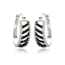 Load image into Gallery viewer, Sterling Silver Rhodium Plated White Enamel Black Stripe CZ  Hoop Earring