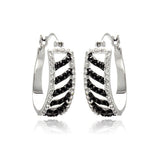 Sterling Silver Rhodium Plated White Enamel Black Stripe CZ  Hoop Earring