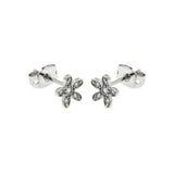 Sterling Silver  Rhodium Plated Flower Shaped Stud Earring With CZ Stones