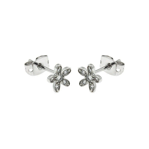 Sterling Silver  Rhodium Plated Flower Shaped Stud Earring With CZ Stones