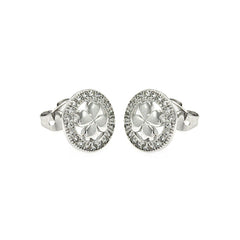 Sterling Silver Rhodium Plated Open Circle Clover Shaped  Stud Earring With CZ Stones