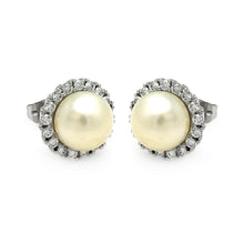 Load image into Gallery viewer, Sterling Silver Rhodium Plated Round CZ Center Fresh Water Pearl Stud Earring