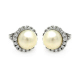 Sterling Silver Rhodium Plated Round CZ Center Fresh Water Pearl Stud Earring