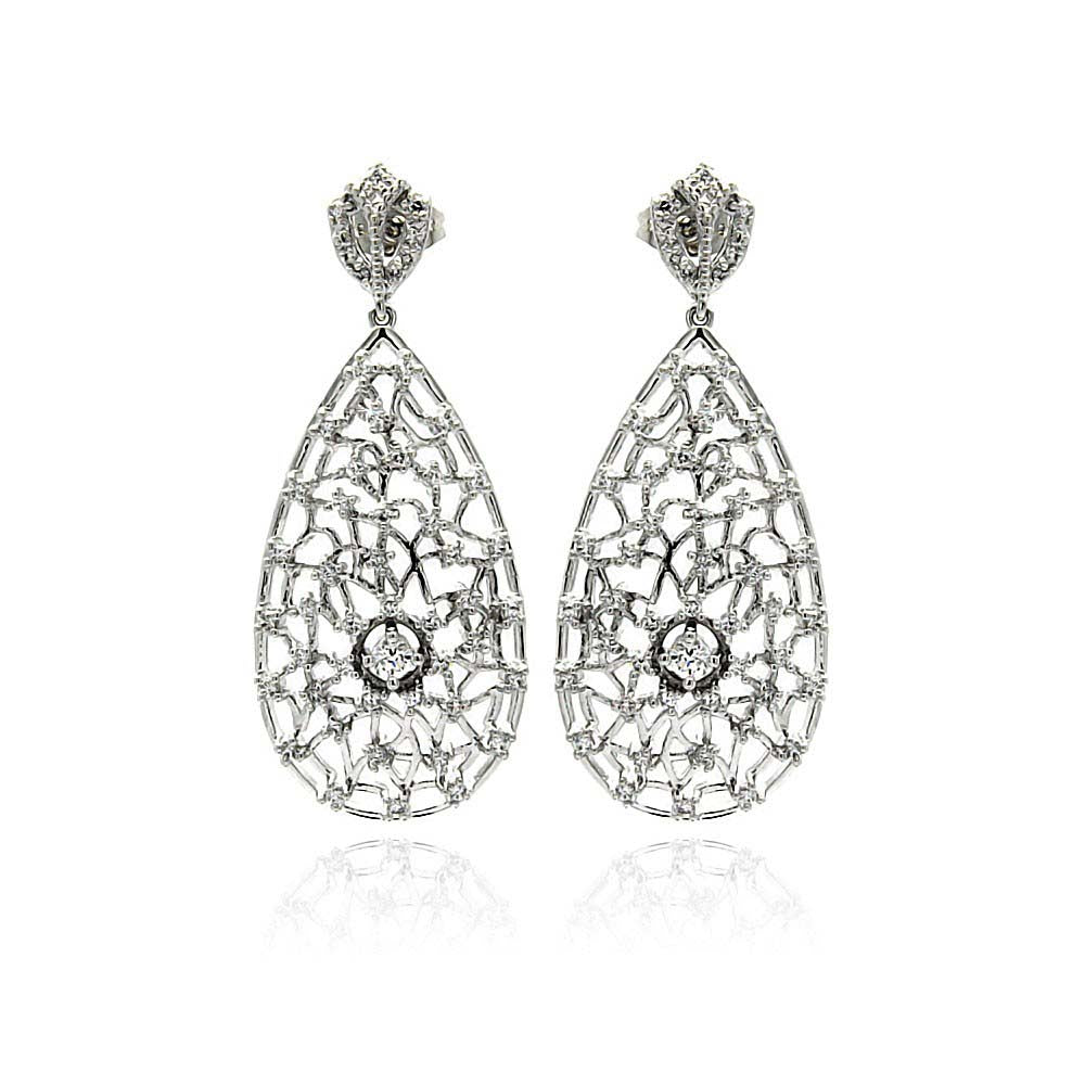 Sterling Silver Vintage Style Teardrop Shaped Drop Inalid With Clear CZs Dangle Stud EarringAnd Dimensions of 48MM x 20MM