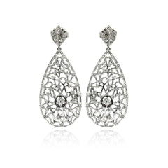 Sterling Silver Vintage Style Teardrop Shaped Drop Inalid With Clear CZs Dangle Stud EarringAnd Dimensions of 48MM x 20MM