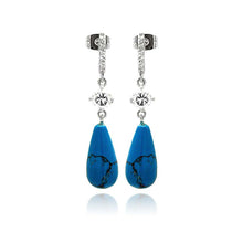 Load image into Gallery viewer, Sterling Silver Fancy Paved Teardrop Design Embedded With Clear Cz and Turquoise Stone Dangle Stud Earring Dimesnions of 38MM x 8MM