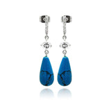 Sterling Silver Fancy Paved Teardrop Design Embedded With Clear Cz and Turquoise Stone Dangle Stud Earring Dimesnions of 38MM x 8MM