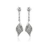 Sterling Silver Leaf Design Dangling Stud Earrings Inlaid with Fine Clear Cz StonesAnd Dimensions of 37.7MM x 9.7MM