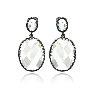 Sterling Silver Black Matte Finish Oval Design Deep Seated With Clear Czs Dangle Stud EarringAnd Dimensions of 40.6MM x 16MM