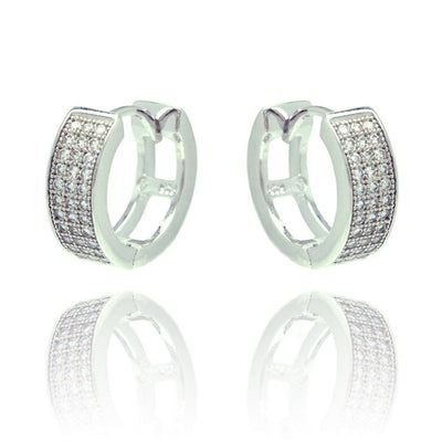 Sterling Silver Rhodium Plated  Micro Pave Round CZ Inlay Hoop Earring