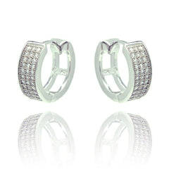 Sterling Silver Rhodium Plated  Micro Pave Round CZ Inlay Hoop Earring