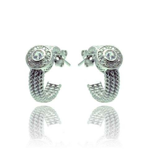 Sterling Silver Rhodium Plated Crescent Center Round CZ Semi Huddie Earrings
