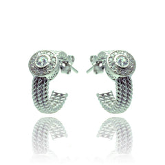 Sterling Silver Rhodium Plated Crescent Center Round CZ Semi Huddie Earrings